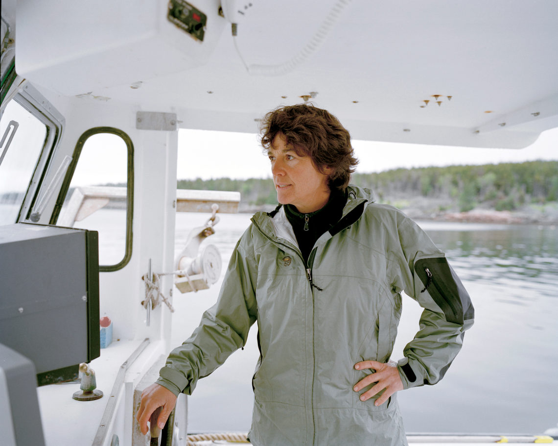 Swordfishing Boat Captain/Author Linda Greenlaw poses for a portrait aboard her lobster boat on June 18, 2005 in Isle Au Haut - Maine.