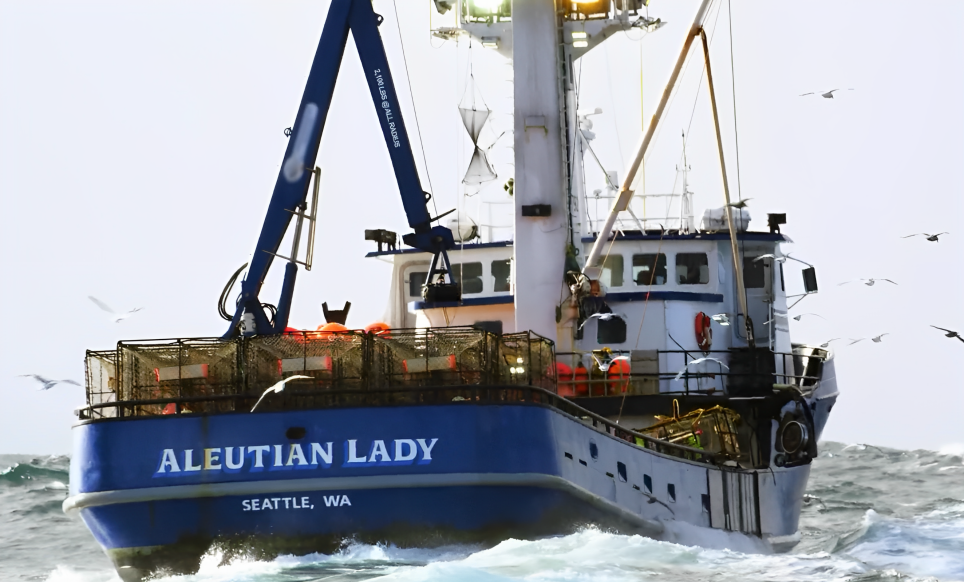 Blue ship with writing Aleutian Lady on front, sea water seen underneath.