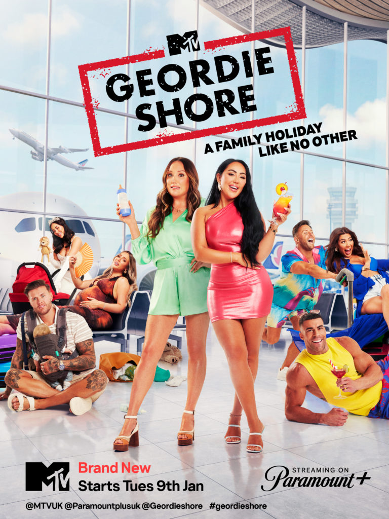 Geordie Shore S24 promo image shows Sophie and Charlotte smiling holding drinks and other cast members in background with babies or drinks