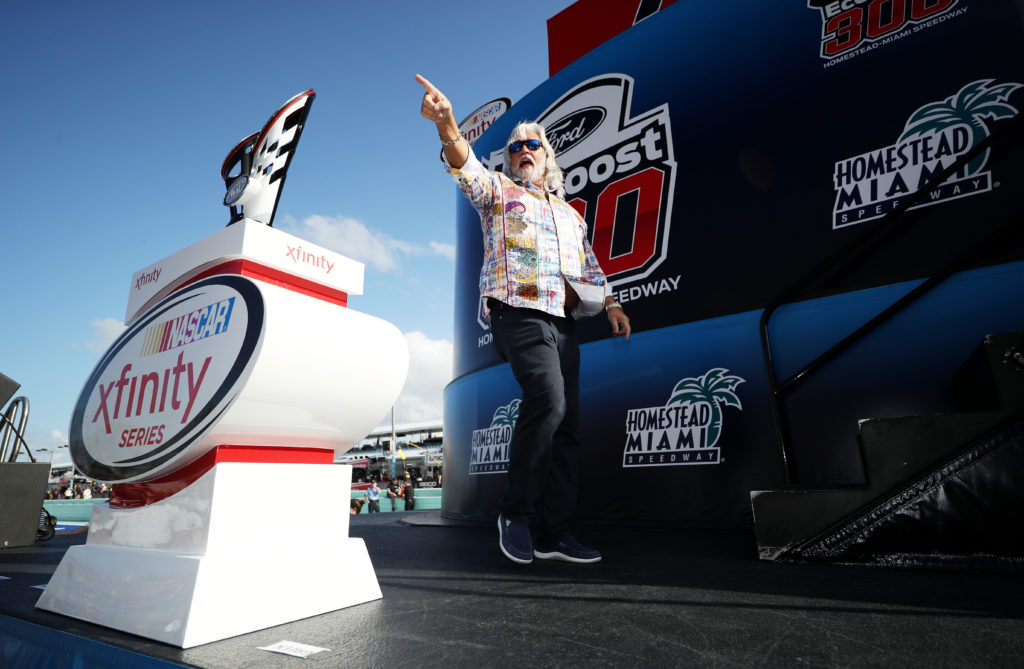 Grand marshall Captain Wild Bill Wichrowski takes part in pre-race ceremonies for the NASCAR XFINITY Series Championship Ford EcoBoost 300 at Homes...