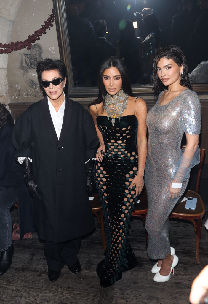 Kris Jenner, Kim Kardashian and Kylie Jenner are seen arriving at the Maison Margiela Fashion show on January 25, 2024 in Paris, France.