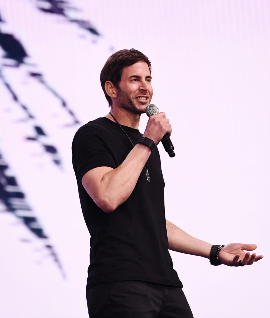 (EDITORIAL USE ONLY)  Tarek El Moussa speaks during VeeCon 2024 on August 10, 2024 in Los Angeles, California.