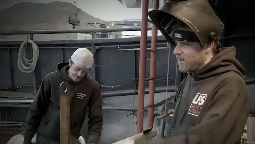 Tom Brossard wears hat and looks down on F/V Saga with Jake Anderson, who wears large helmet on Deadliest Catch.