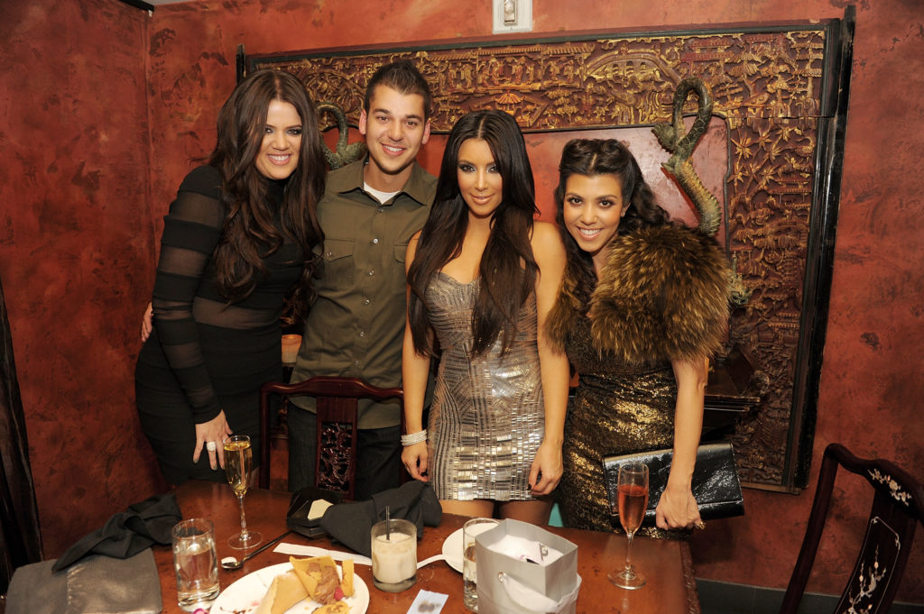 (L-R) Khloe Kardashian, Rob Kardashian, Kim Kardashian and Kourtney Kardashian celebrate Kim Kardashian's birthday at TAO Bistro at the Venetian on...