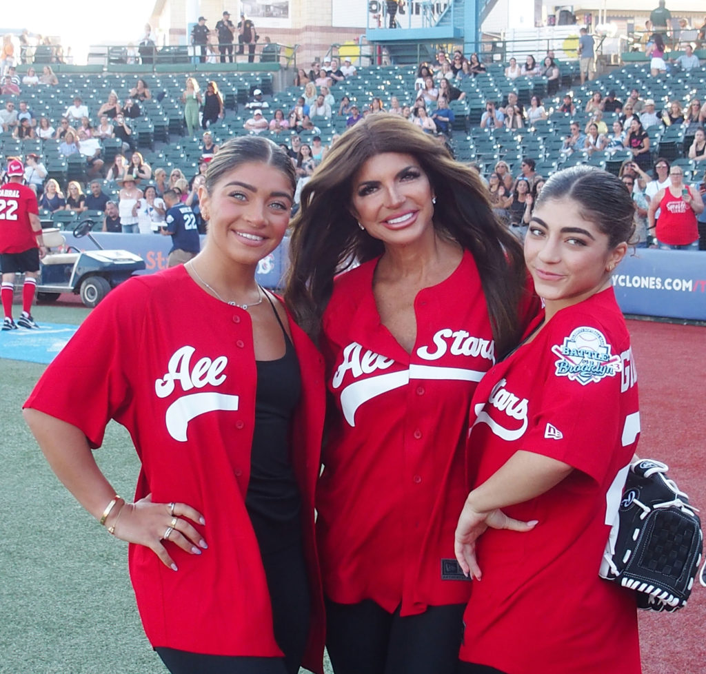 Gia Giudice, Teresa Giudice and Milania Giudice attend the Battle For Brooklyn Celebrity Softball Game at Maimonides Park on June 29, 2022 in New Y...