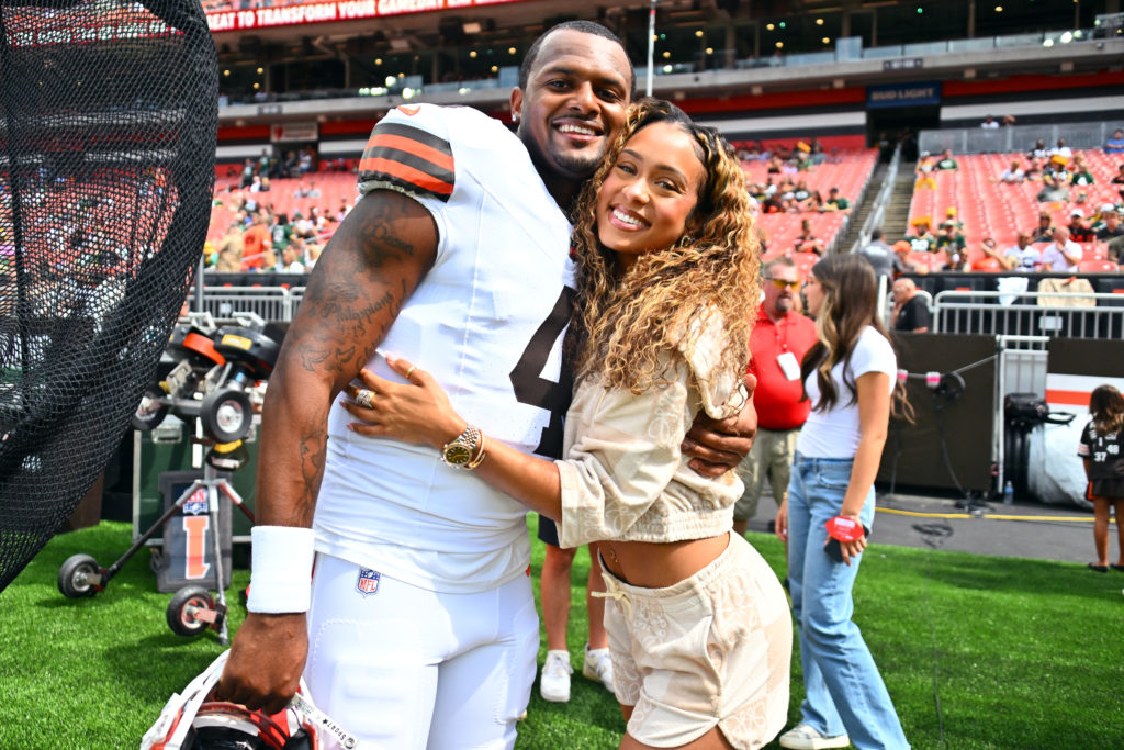 Quarterback Deshaun Watson #4 of the Cleveland Browns and his girlfriend Jilly Anais pose for a photo before the game Green Bay Packers at Clevelan...