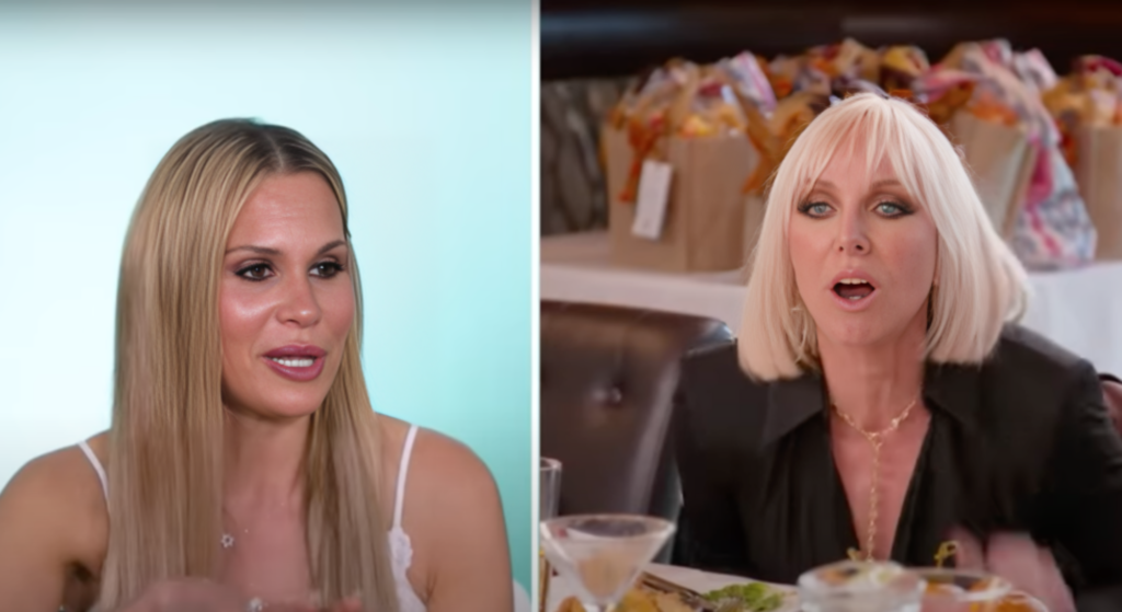 Split screen shot of Jackie Goldschneider being interviewed with a flashback to an argument with Margaret Josephs who looks angry on the left.