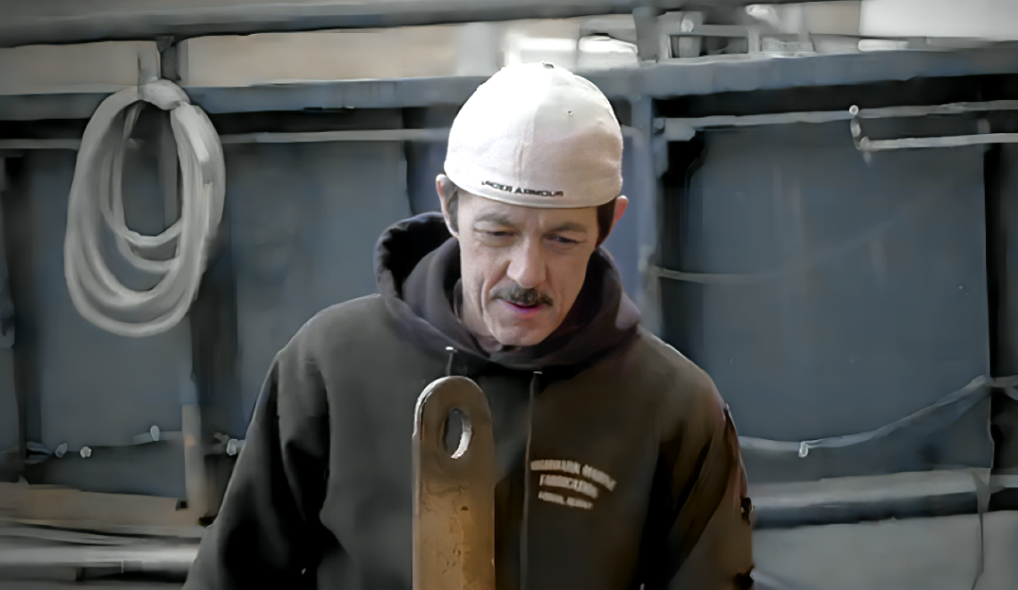 Tom Brossard looks down wearing hat backwards and hoodie in front of F/V Saga on Deadliest Catch.