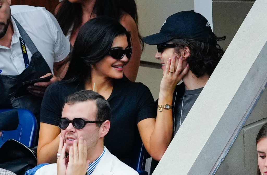 Kylie Jenner and Timothée Chalamet are seen at the Final game with Novak Djokovic vs. Daniil Medvedev at the 2023 US Open Tennis Championships on S...