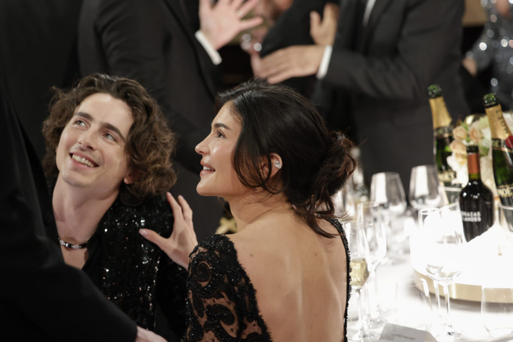 Timothee Chalamet and Kylie Jenner at the 81st Annual Golden Globe Awards, airing live from the Beverly Hilton in Beverly Hills, California on Sund...