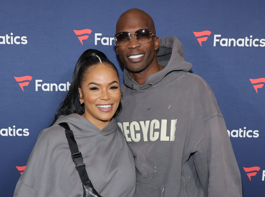 Sharelle Rosado (L) and Chad "Ochocinco" Johnson attend Michael Rubin's Fanatics Super Bowl party at the Marquee Nightclub at The Cosmopolitan of L...